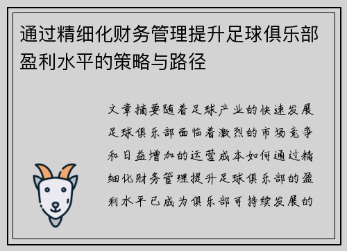 通过精细化财务管理提升足球俱乐部盈利水平的策略与路径 通过精细化财务管理提升足球俱乐部盈利水平的策略与路径