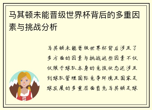马其顿未能晋级世界杯背后的多重因素与挑战分析